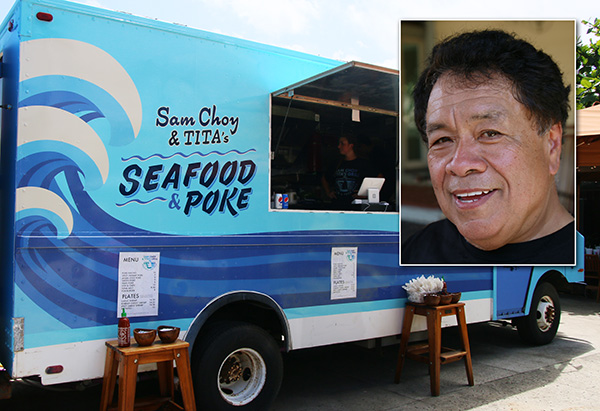 Picture of Sam Choy Poke Truck with inset of Chef Sam Choy