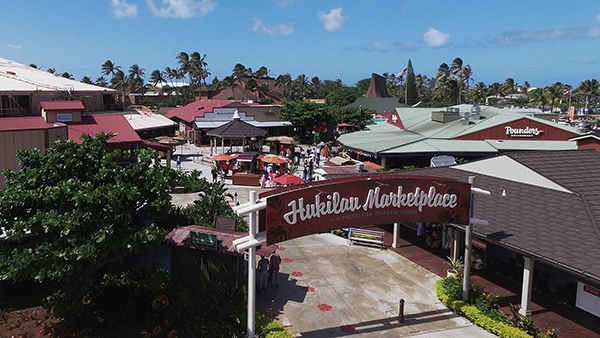 Aerial picture of the popular Hukilau Marketplace now at the entrance to the Polynesian Cultural Center. 