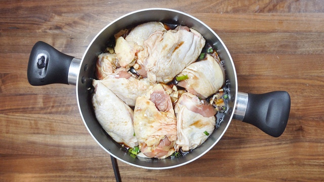 Bringing the ingredients to a boil in our Shoyu Chicken recipe