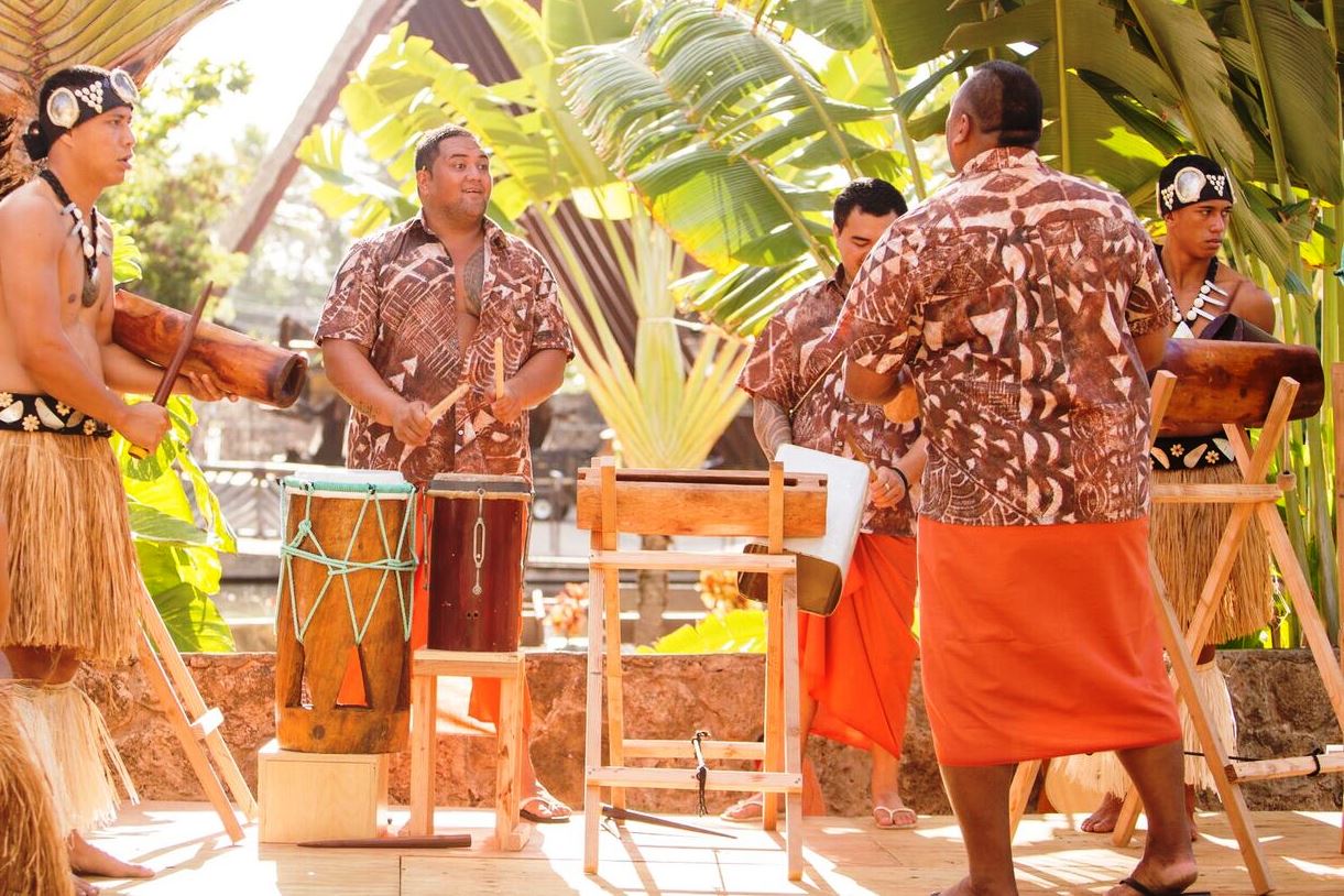 Picture of Cook Island drummers at the Polynesian Cultural Center in 2017