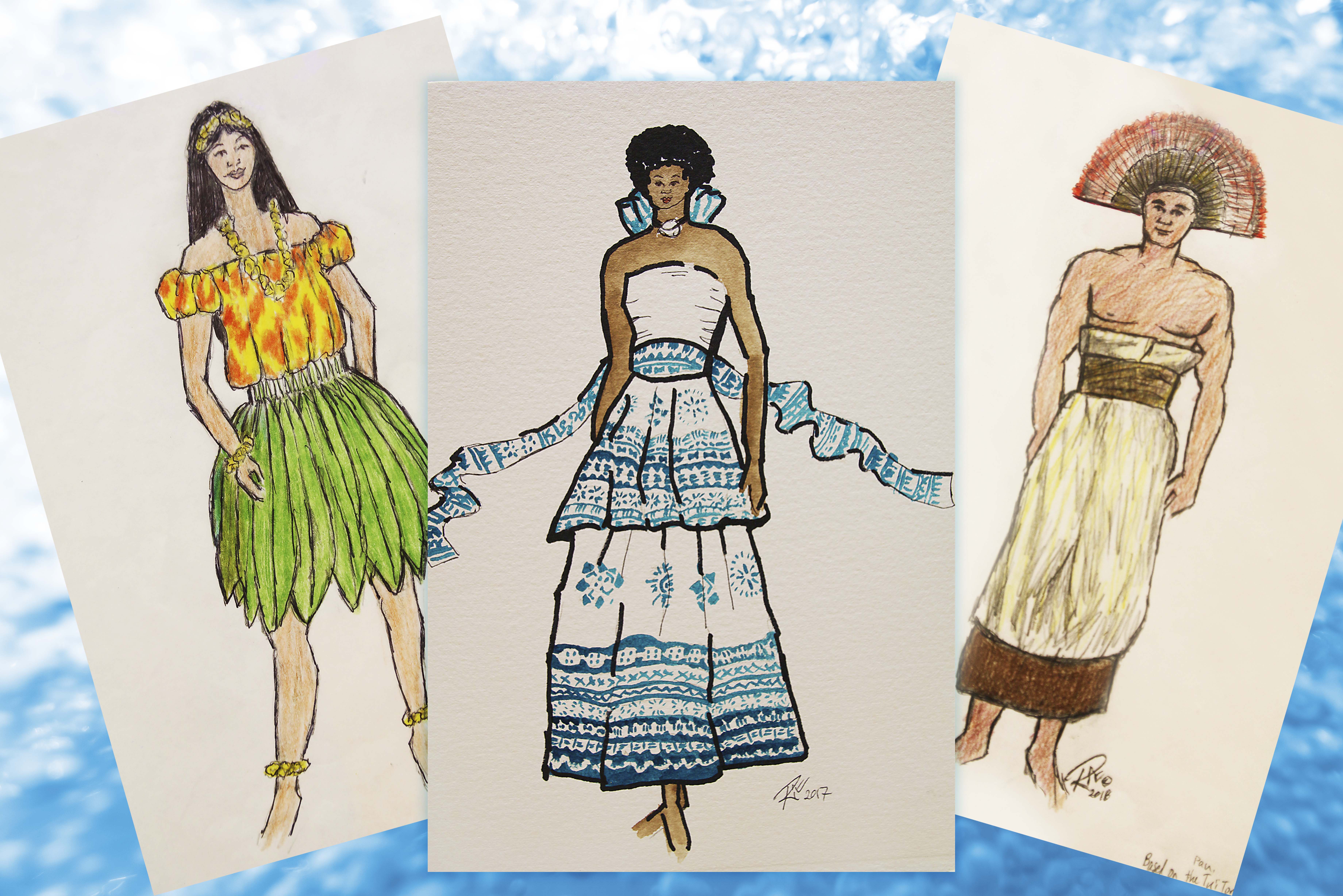 Drawings by Roger Ewens of the Polynesian Cultural Center for new costume designs for the Huki: A Canoe Celebration presentation