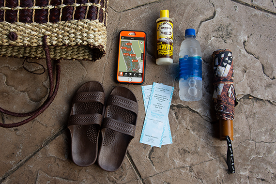 whats in your bag? walking shoes, phone with PCC app, sunscreen, tickets, water, umbrella