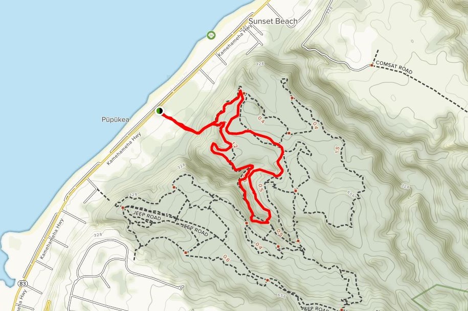 Map of Ehukai Pillbox trail courtesy of AllTrails