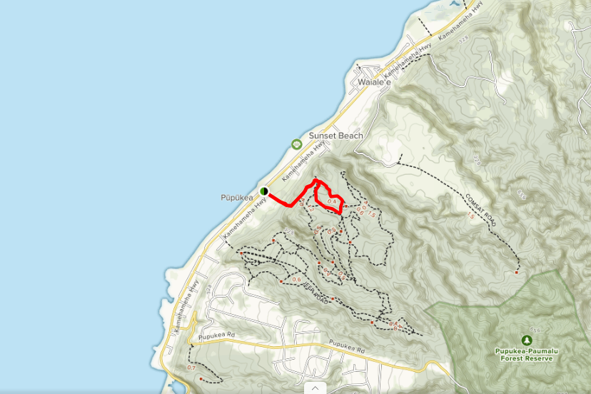 Map of Ehukai / Sunset Pillbox trail courtesy of AllTrails