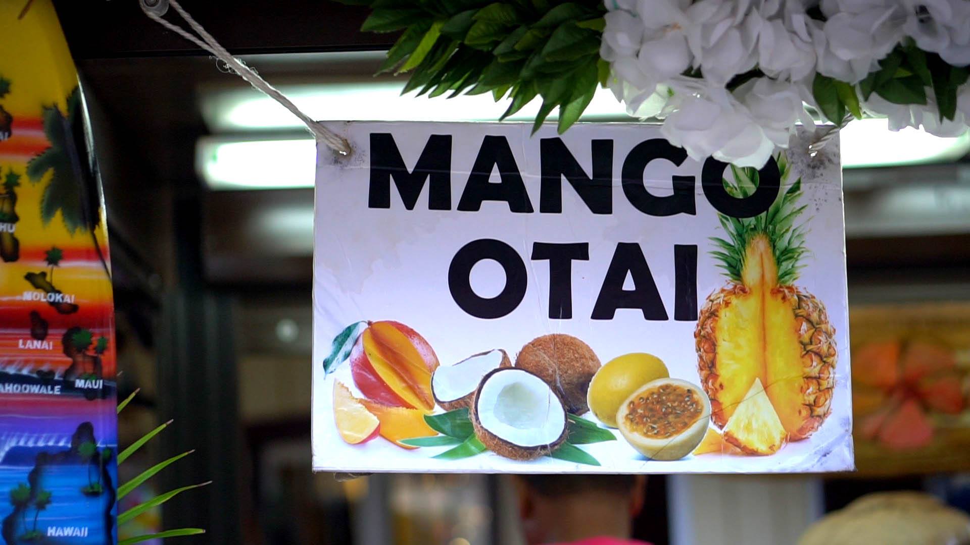 Picture of the sign for Mango Otais at Fia Fia Farms in the Hukilau Marketplace