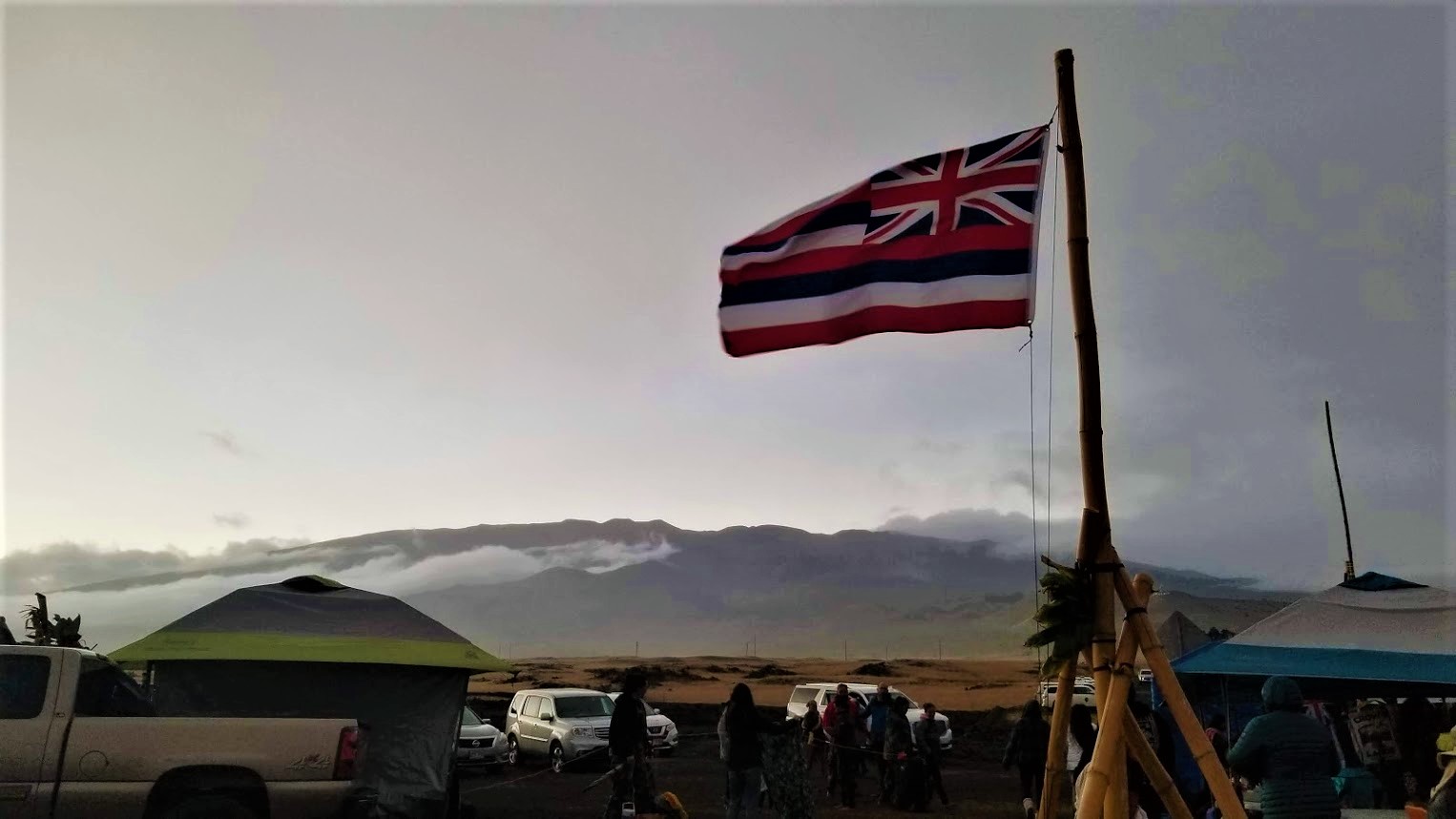 photo of the Protectors camp at the foot of Mauna Kea. Photo courtesy of Kealili Haverly.