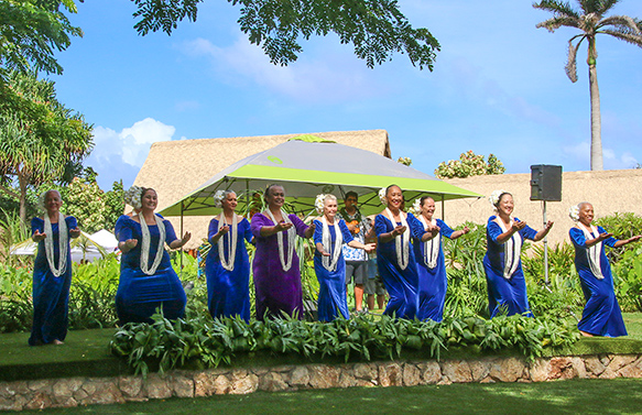 Laie's own Hula Halau O Kekela, led by kumu Kekela Miller (center, front row), frequently support Polynesian Cultural Center and local community activities.