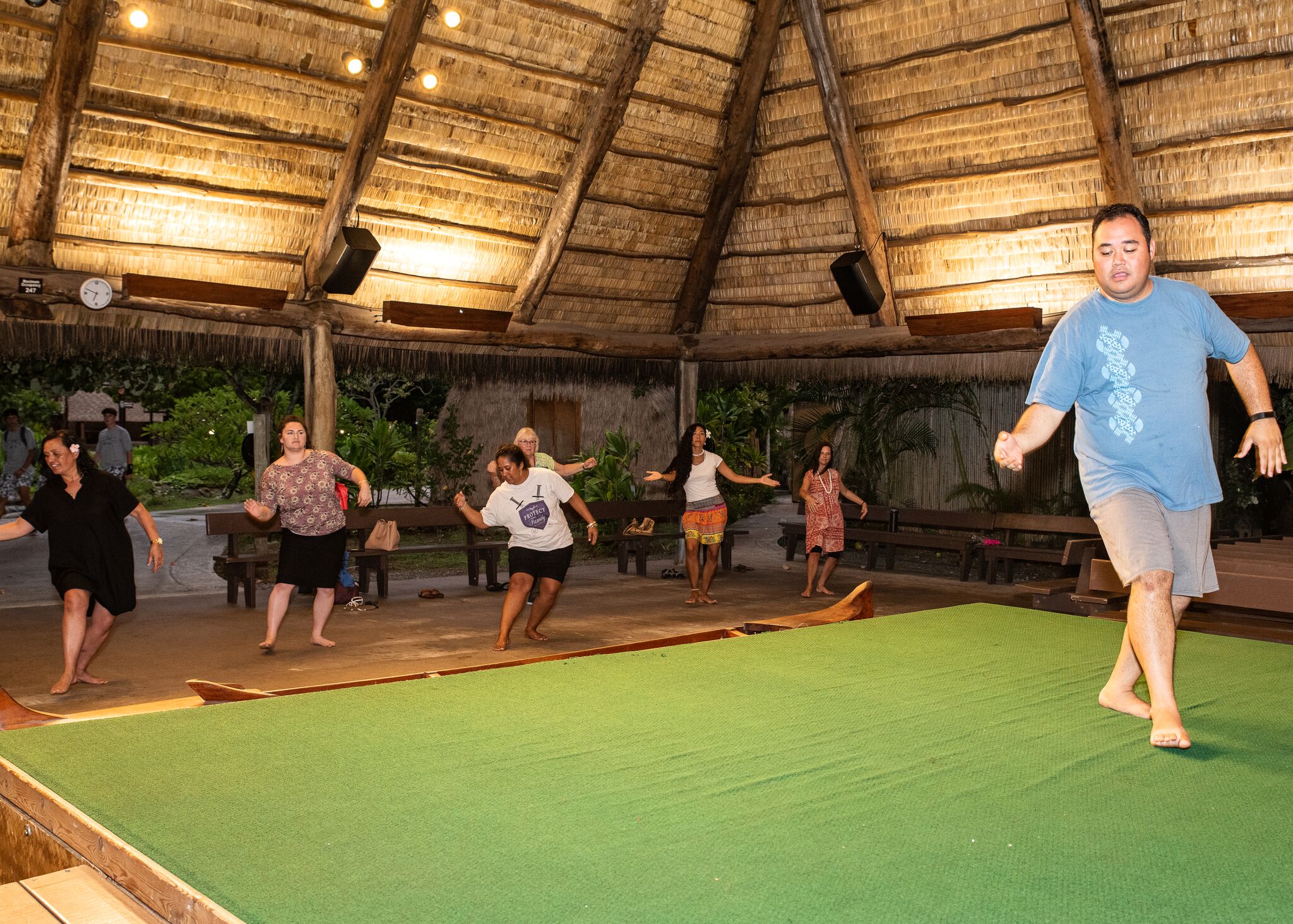 Photo of Pomai Krueger and participants during a hula workshop at the Polynesian Cultural Center during the 2019 Moanikeala Festival