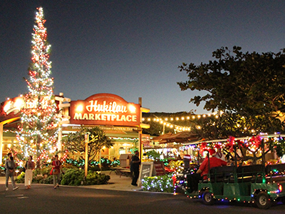 photograph of the Hukilau Marketplace at Christmas time