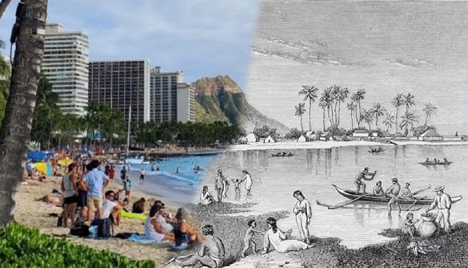 Blended pictures of old and modern Waikiki Bay