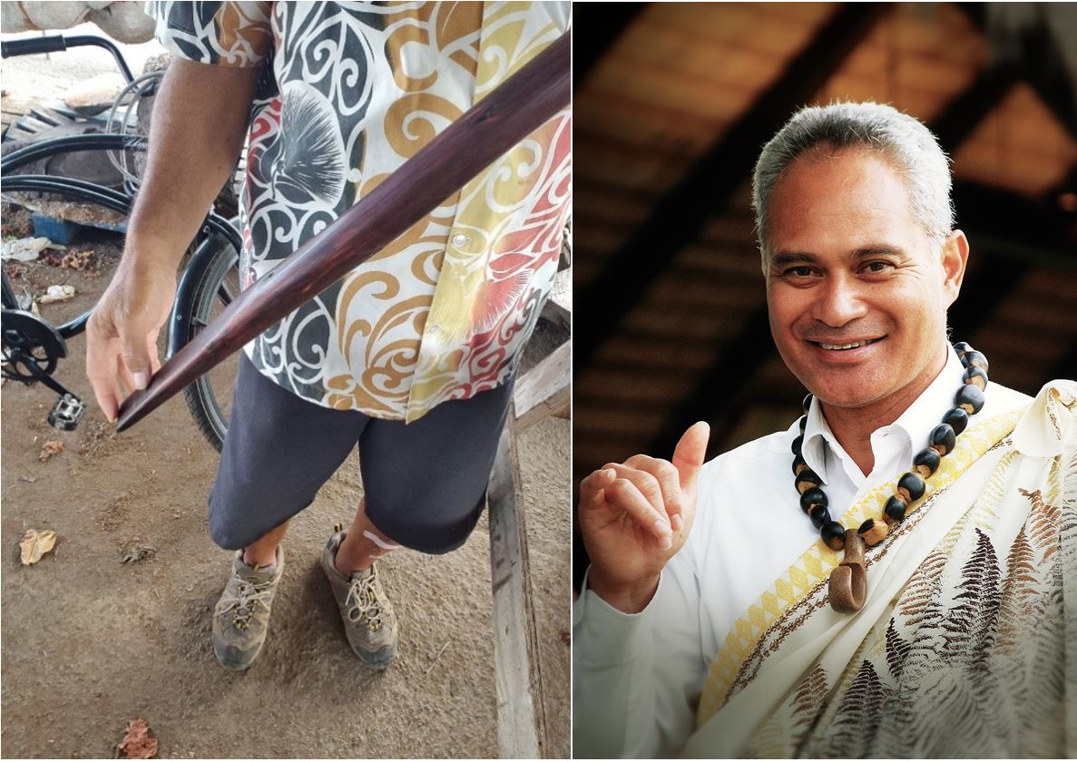 two images showcasing the o'o, a traditional digging tool of the Hawaiians and a photo of Ray Mokio, one of the carvers at the Polynesian Cultural Center