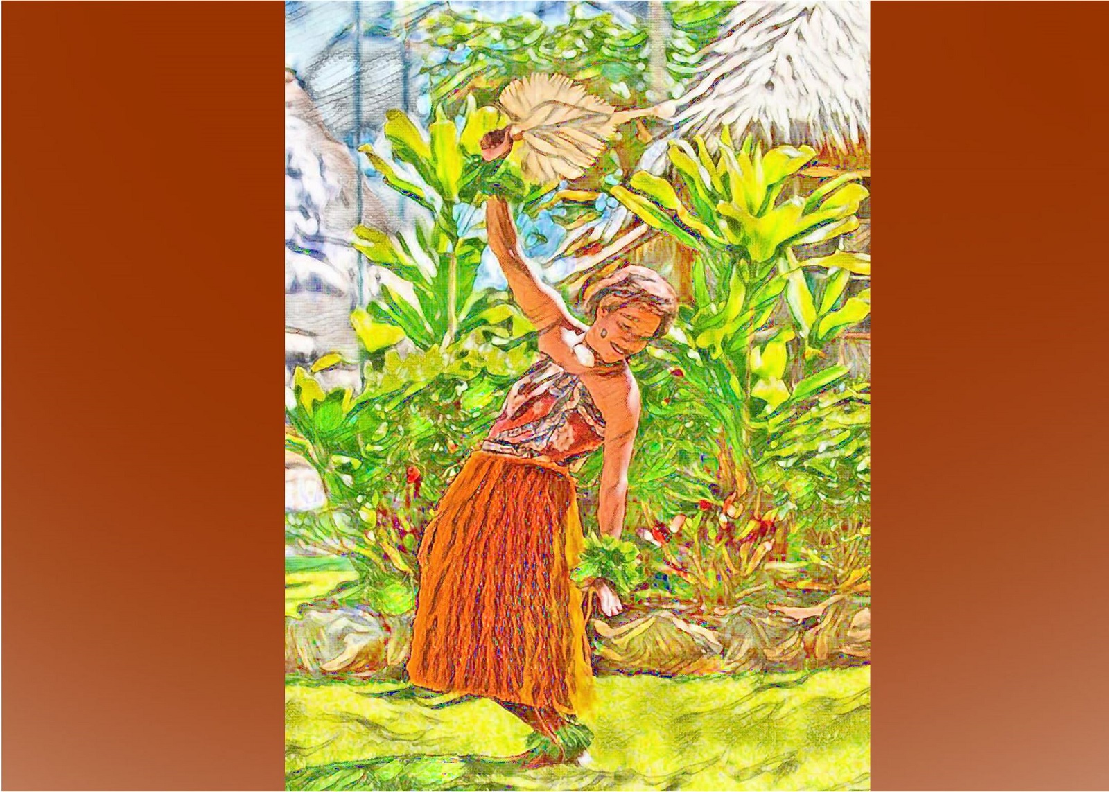 photo of fijiian woman dancing in village setting cartoonized