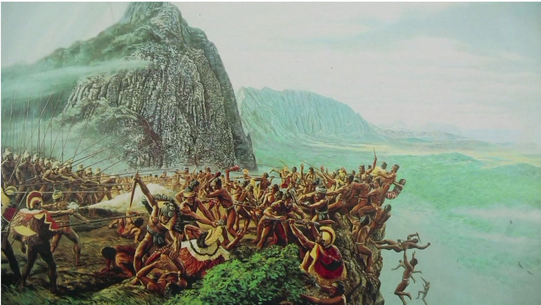 Painting depicting the battle of Nuuanu as it comes to it's conclusion along the Pali Lookout on the island of Oahu where Kamehameha's army overpowers the army of King Kalanikupele and literally pushes them over the edge to their deaths.