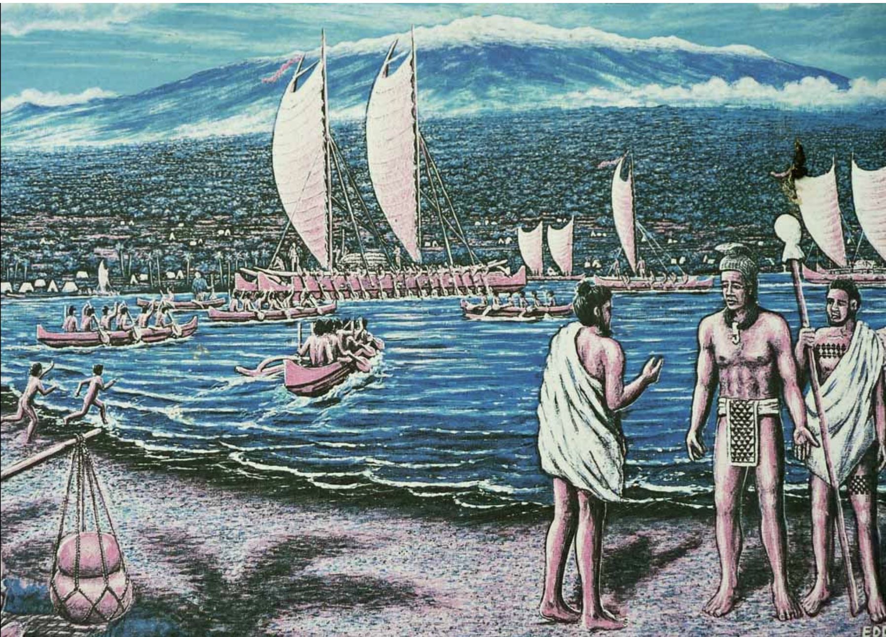 Painting depicting the murder of King Kiwala'o who was Kamehameha's cousin showing Kiwalao along the shoreline with the two priests sent to kill him and a fleet of Kamehameha's sailing canoes behind them