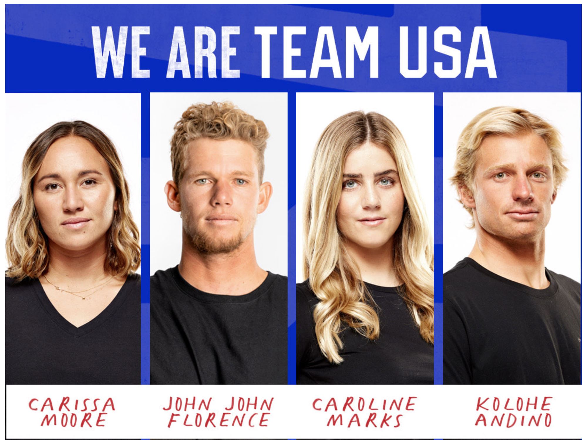 four side by side photos showing the four members of the 2020 Summer Olympic Surf Team