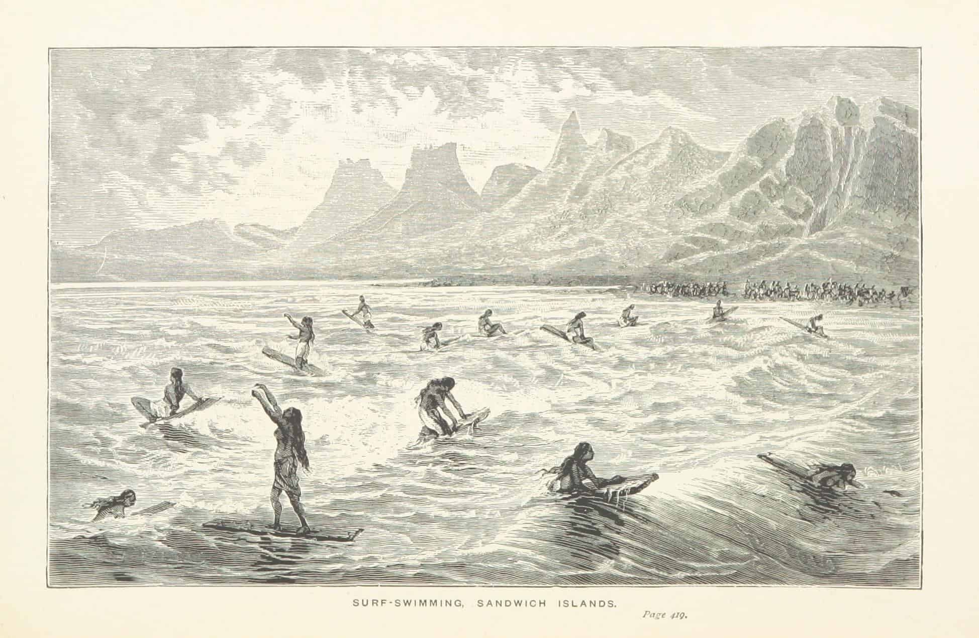 pencil drawing entitled surf-swimming Sandwich Islands showing 14 women surfers from from the 1800s catching waves while a large crowd watches from shore in Hawaii