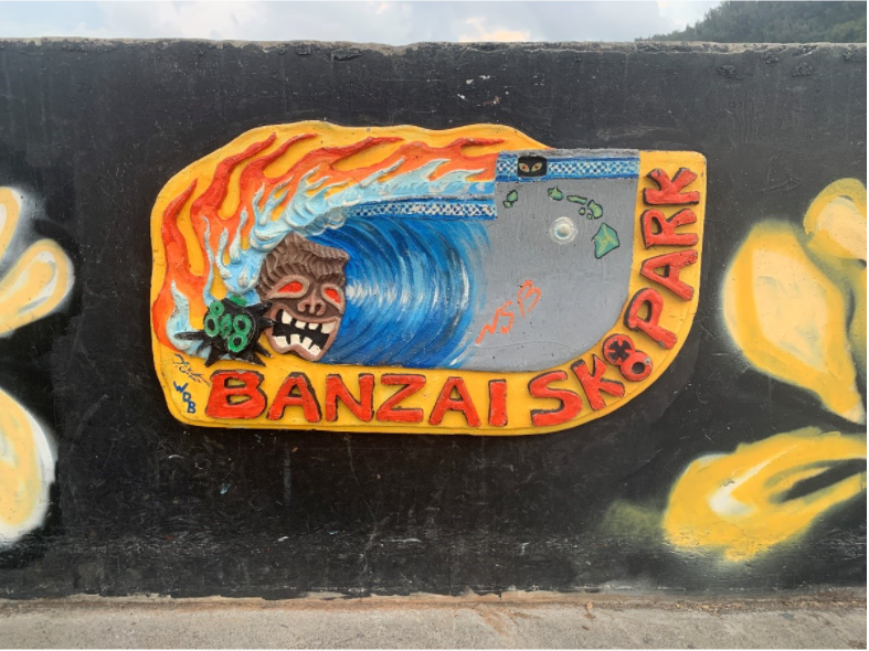 This handmade sign is at the entrance to the Banzai Skatepark