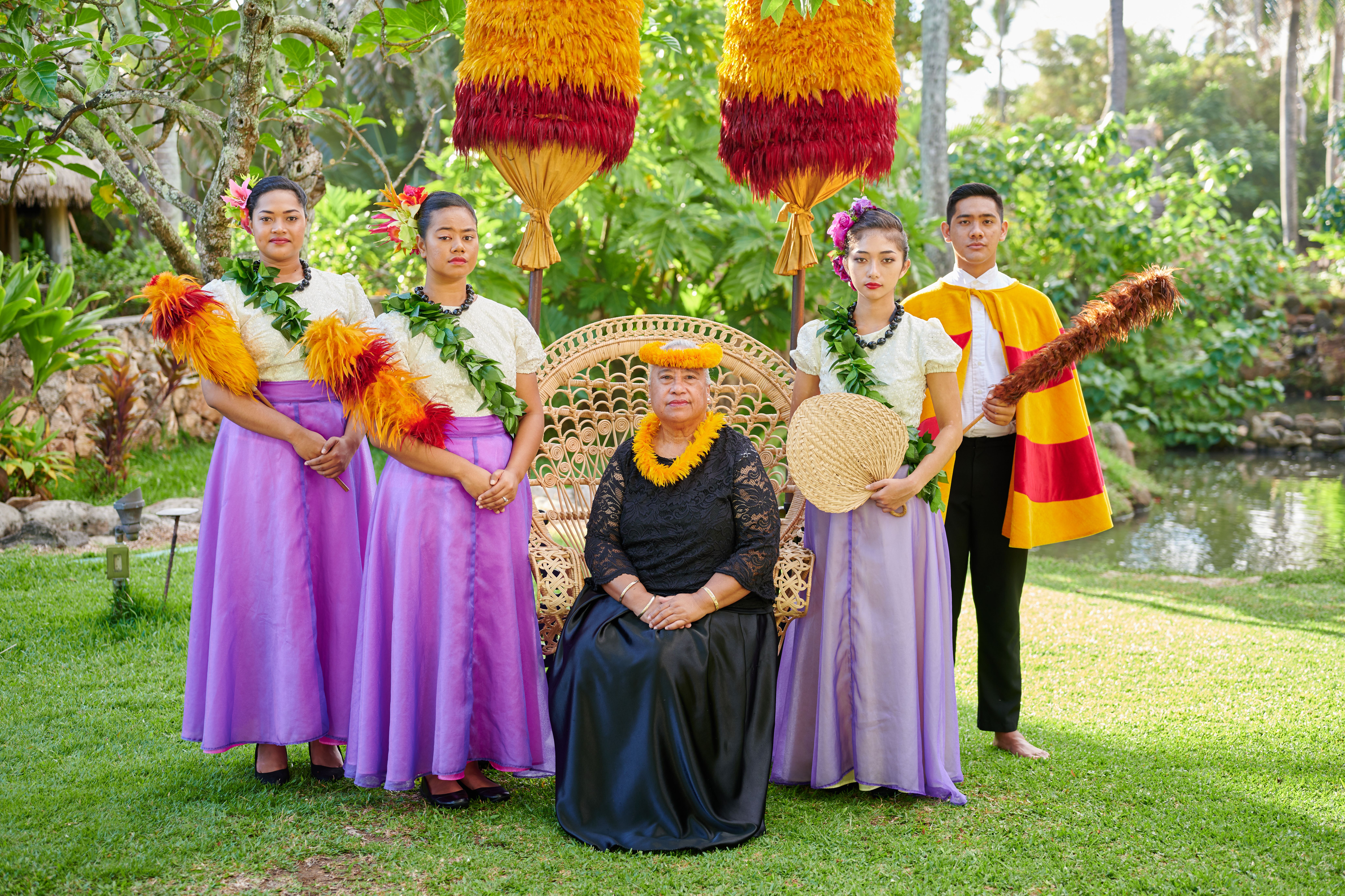 photo portray of our beloved Queen Liliuokalani with beautiful performers at Alii Luau in Polynesian Cultural Center