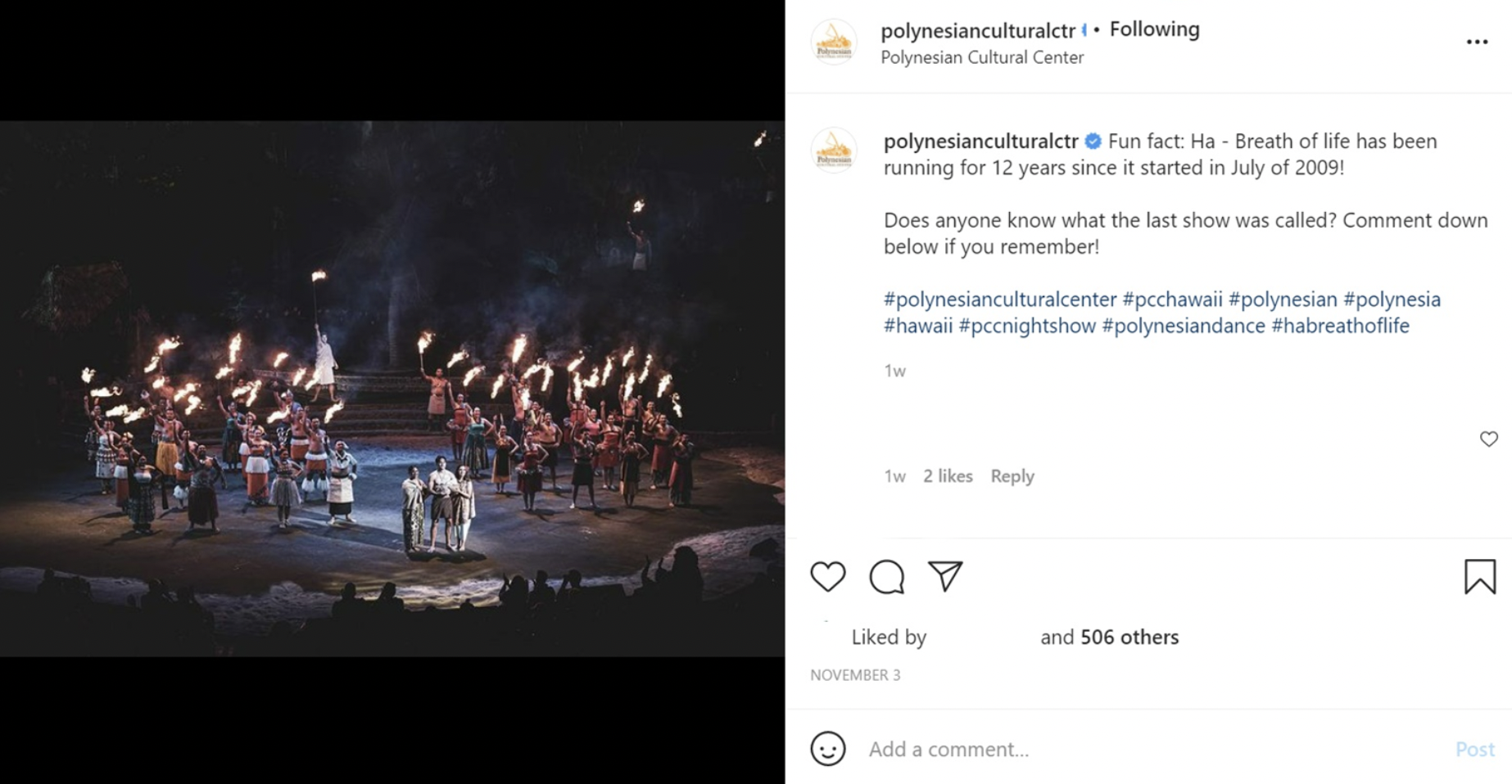 screenshot photo of the Polynesian Cultural Center instagram page.