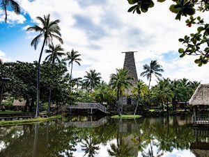 A lagoon view photo of Fiji Village at the Polynesian Cultural Center in Laie, Oʻahu