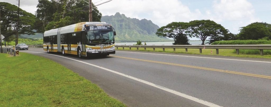 A photo of a bus on Oahu, Hawaii. 