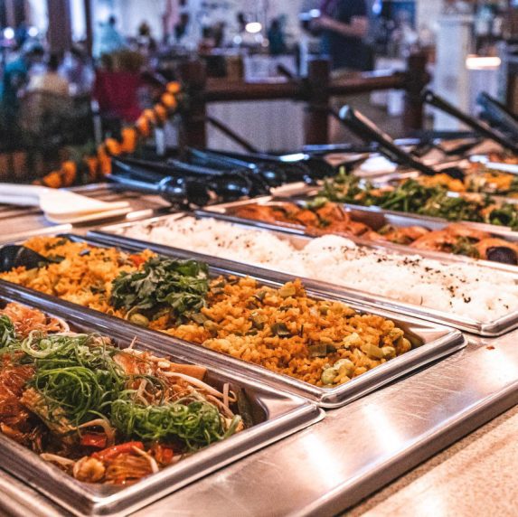 image of buffet food served with an island theme