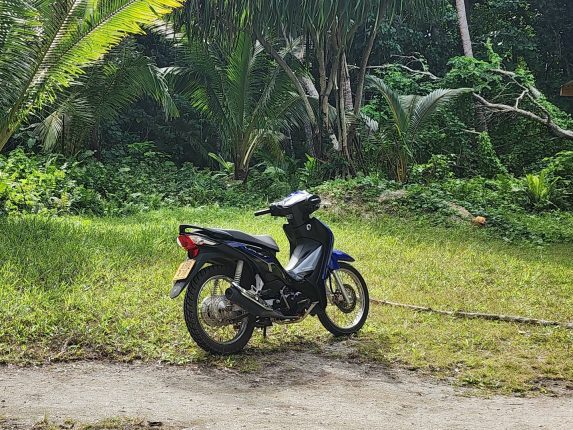 Moped parked in greenery on Atiu, Cook Islands