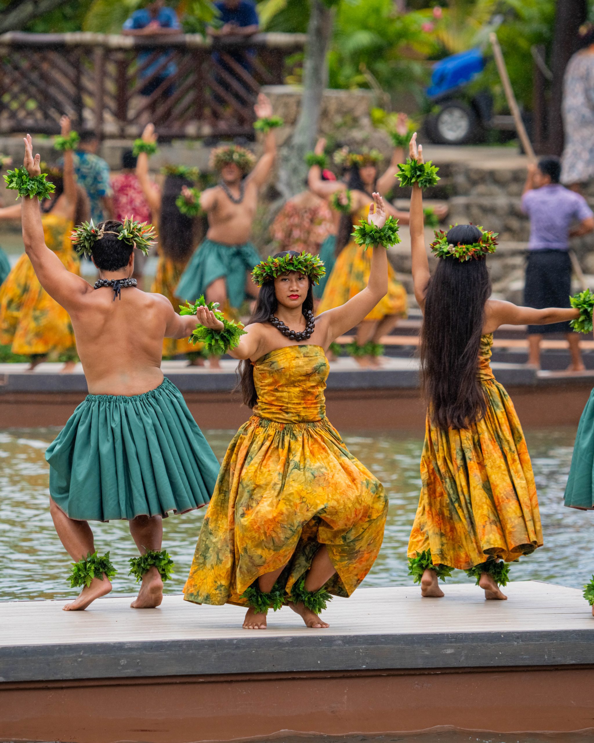 Finished Hawaiian costumes on men and women for Huki.