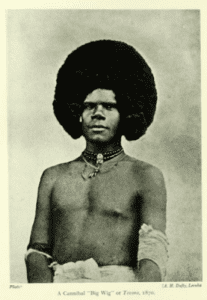 Fijian man with tall "afro" or buiniga hairstyle. 1870