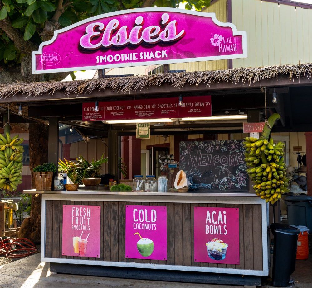 Bright pink food stand. Elsie's Smoothie Shack.