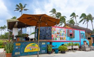 Turquoise blue food truck serving Mexican food