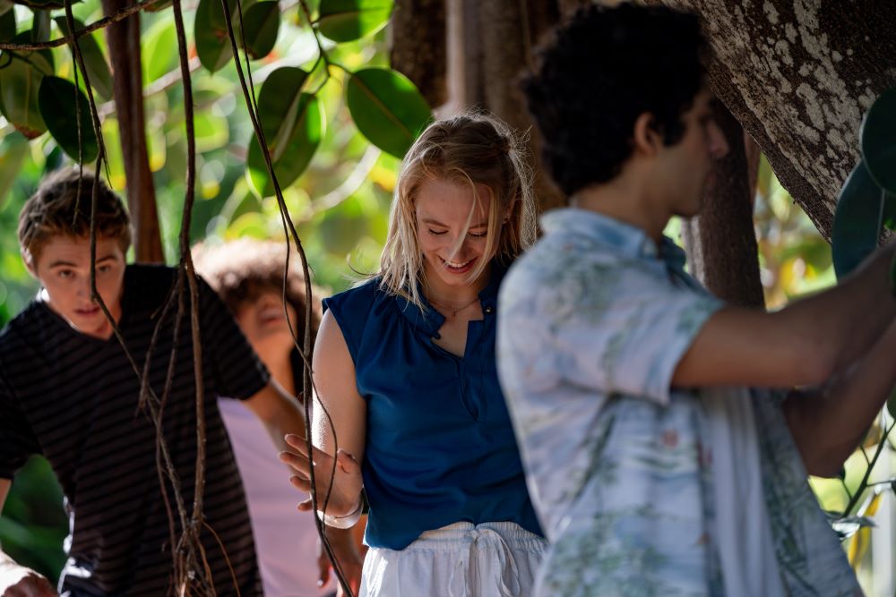 Four people hiking in a tropical, forested area