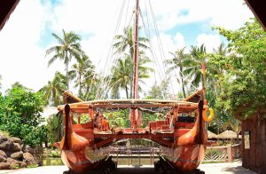 Beautiful all wood, double-hulled canoe stands on dry ground with palm trees behind him.