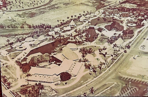 Early aerial color photo of the buildings and grounds at the Polynesian Cultural Center