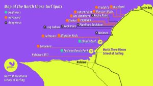 Map of surf spots on Oahu's North Shore. From North Shore Ohana School of Surfing.