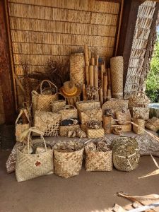 Many examples of Hawaiian weaving, displayed in the Hawaiian village.